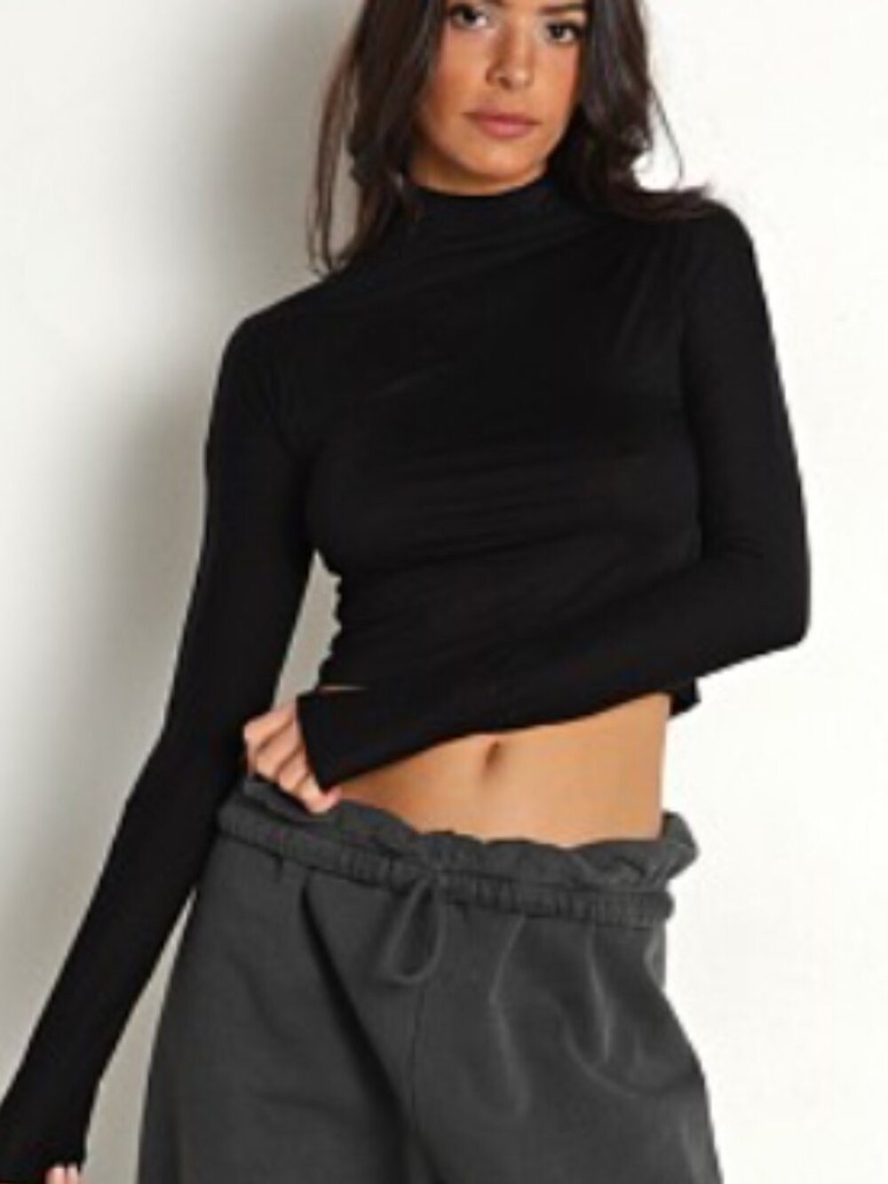 Joah Brown Black Cropped Mock Neck Long Sleeve